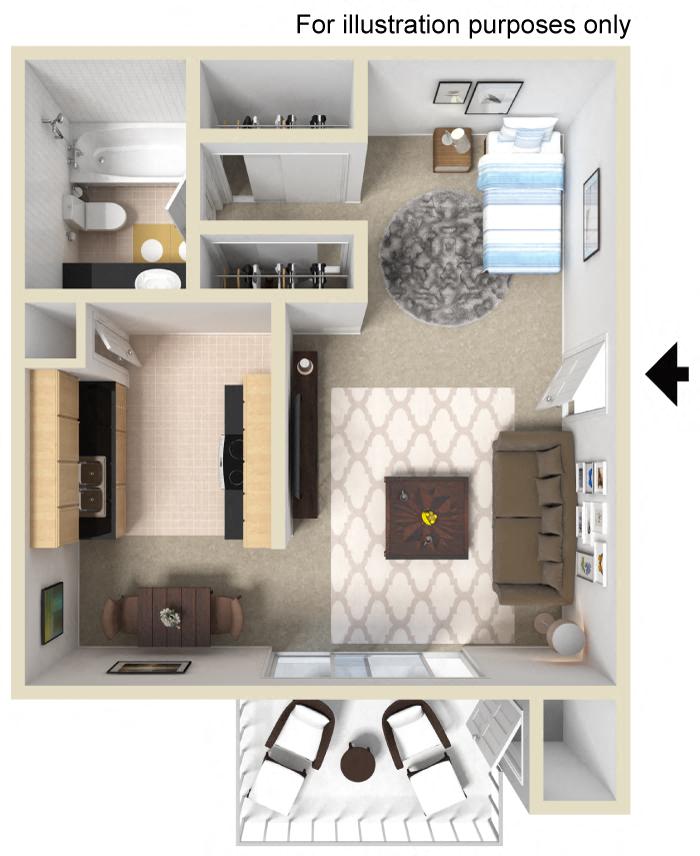 Floor plan for studio, 1 bath, 500 sqft
